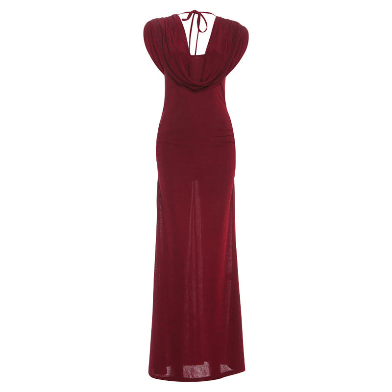 Women Clothing Elegant Fitted Waist Pleated Design Swing Collar Solid Color Dress