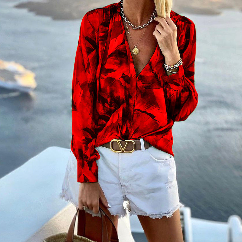 Fall Women Clothing V neck Long Sleeve Bohemian Printed Top Casual Shirt