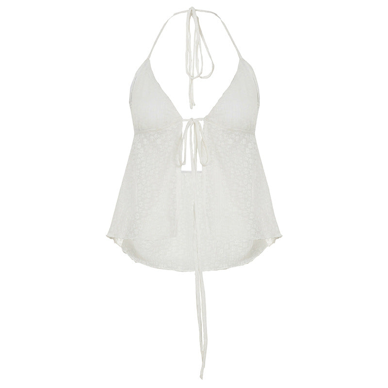 Women Sling Backless Self Tie Lace Vest Outer Wear Sexy Beach Nightclub V neck Top Summer