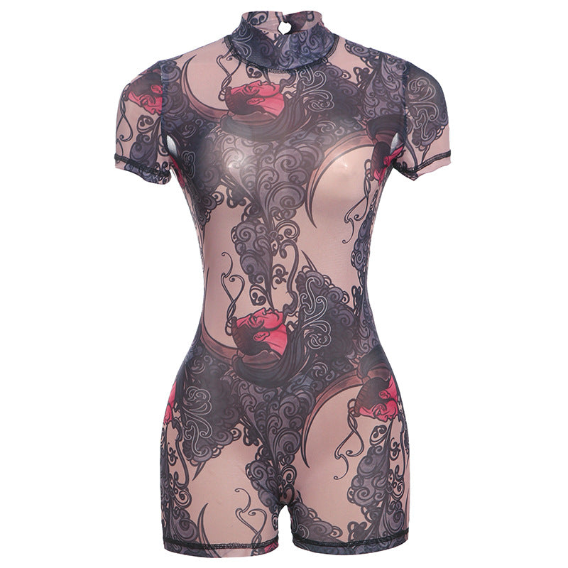 Spring Summer Women Print See through Slim Fit Sexy Backless Jumpsuit