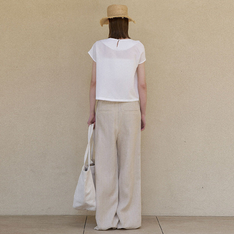 Pure Linen Office Casual Pants Spring Summer Solid Color Minimal Women Double Side Pocket Long Straight Leg Pants