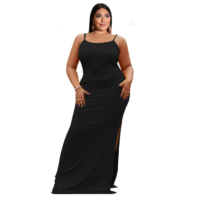 Plus Size Women Clothes Summer Sunken Stripe Sleeveless Split Sexy Tight Dress