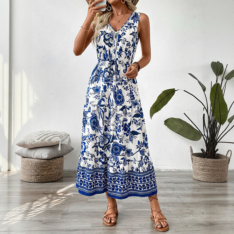 Summer Retro Vacation Blue White Porcelain Printed Sleeveless Dress