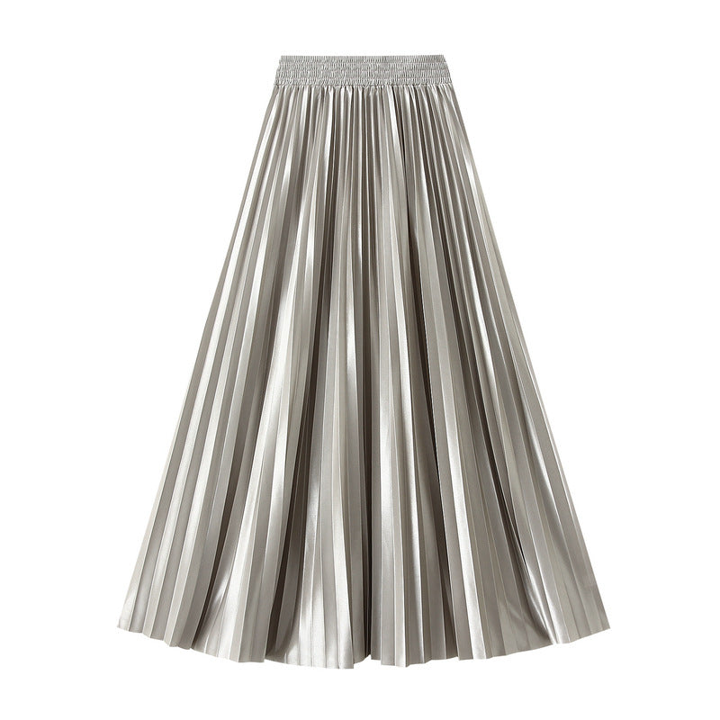 Slimming Spring Glossy Glossy High Waist Pleated A line Slimming Long Skirt Women Skirt