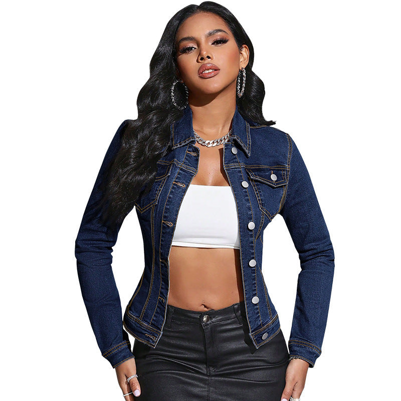 Women Wear Long Sleeve Collared Pocket Denim Jacket