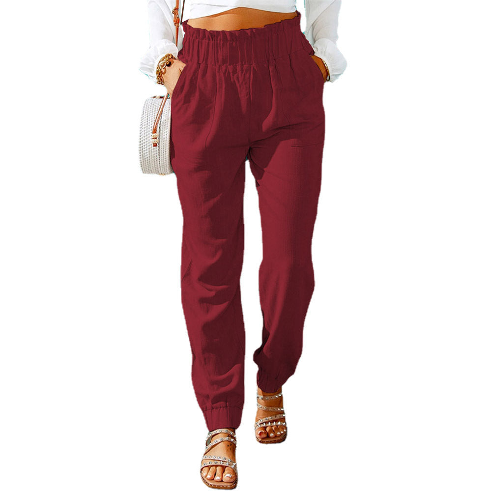 Women Clothing Spring Ruffled Elastic Waist High Waisted Trousers