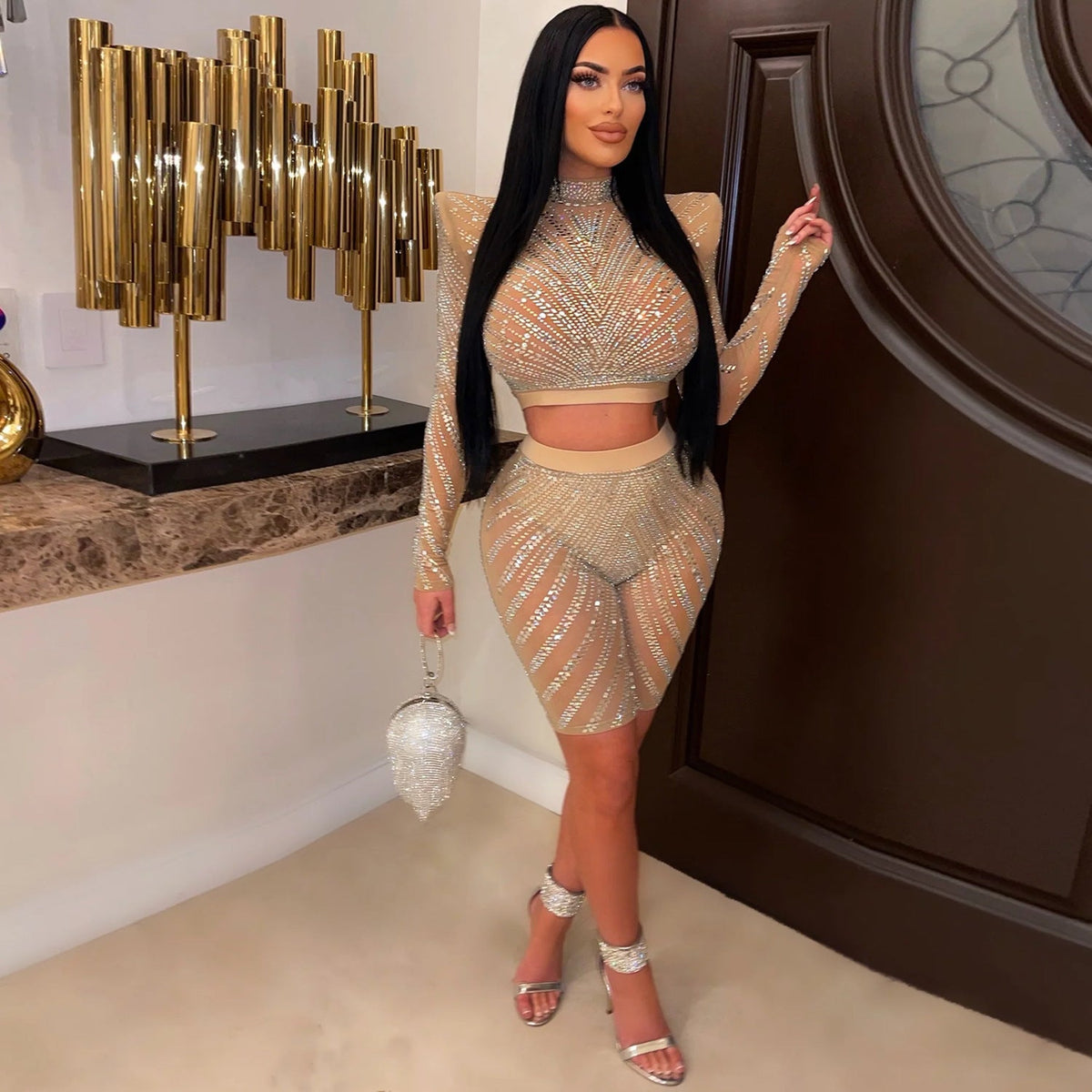 Summer Women Clothing Sexy Tight Mesh See through Long Sleeve Drilling Two Piece Set Rain Pants