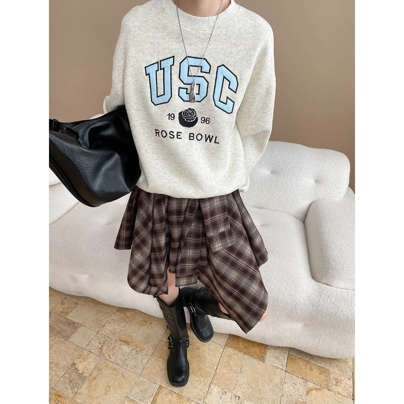 Fashionable plus Points Retro Irregular Asymmetric Hem High Waist Plaid Short Skirt