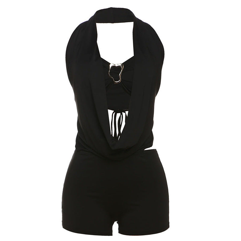 Summer Women Sexy Tube Top Halter Deep V Plunge neck Backless Lace up Jumpsuit Set Women