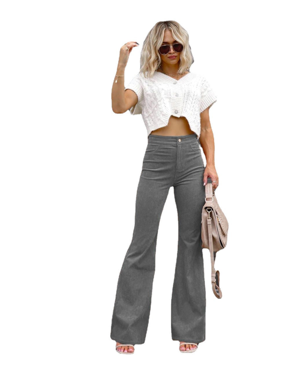 Autumn Solid Color Corduroy Elegant Women Trousers Bootcut Trousers High Waist Casual Pants