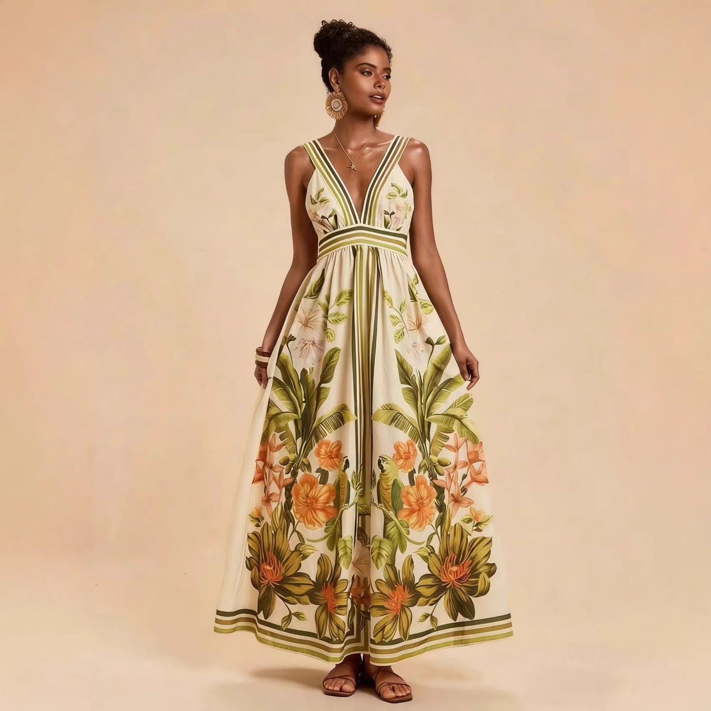 Summer V neck Positioning Printed Back Smocking Dress
