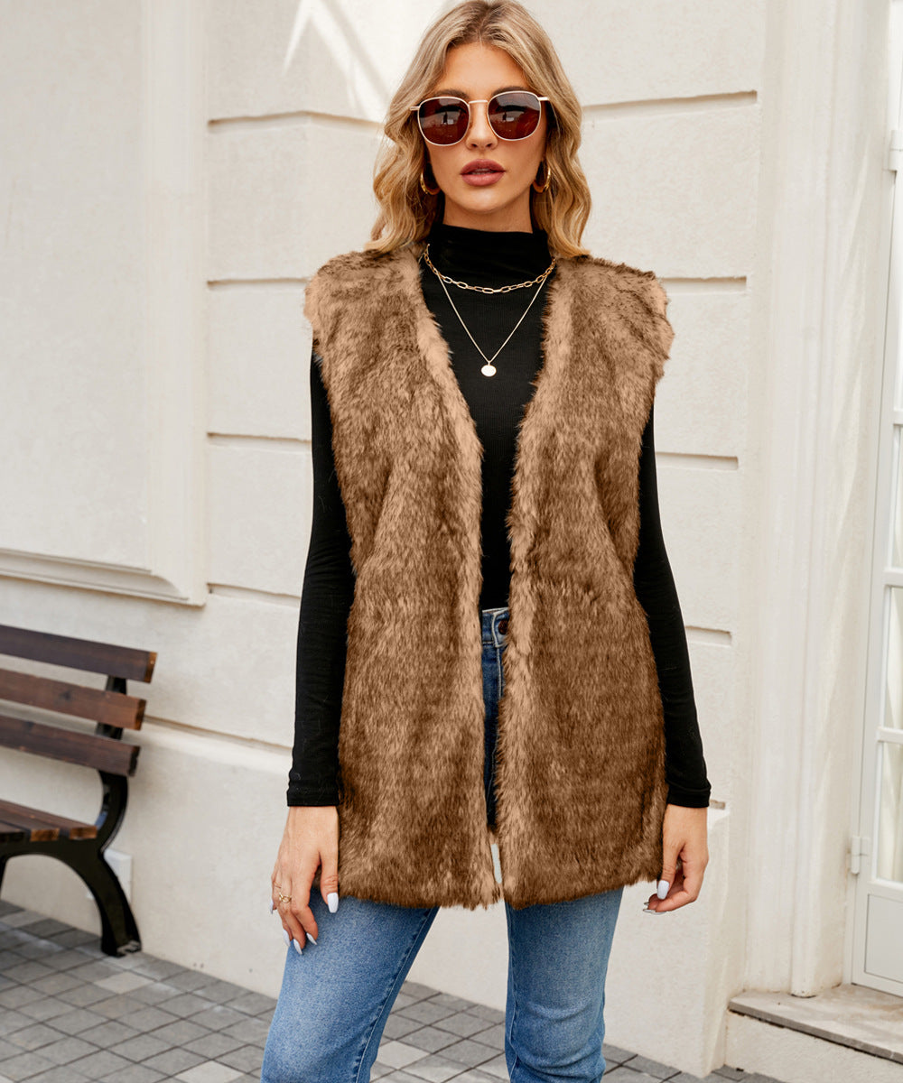V neck Women Faux Fur Coat Vest Top Artificial Fur Vest