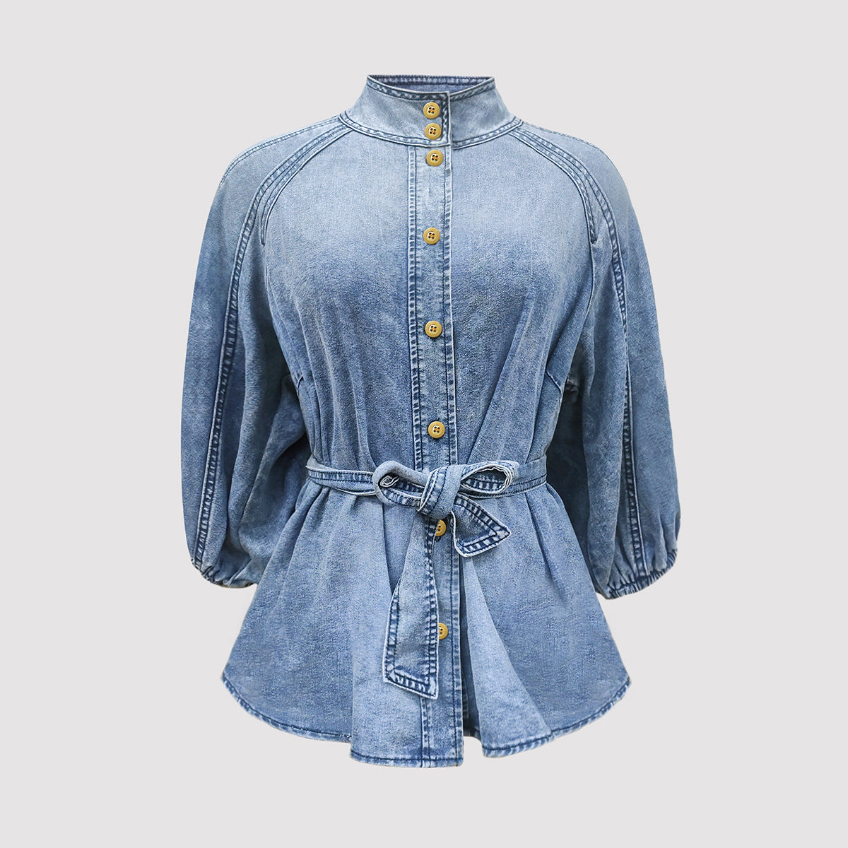 Lace up Waist Controlled Lantern Sleeve Nine Quarter Sleeve Retro Denim Shirt Women Top High Grade Stand Collar Young Show