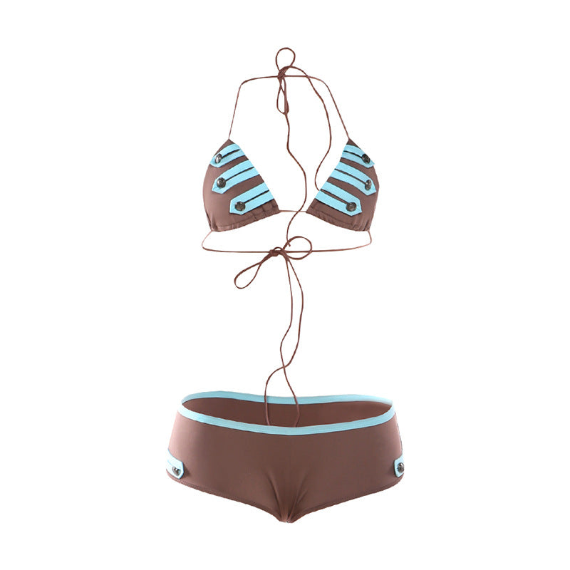 Spring Women Clothing Vacation Halter Lace up Backless Sexy Bikini Set