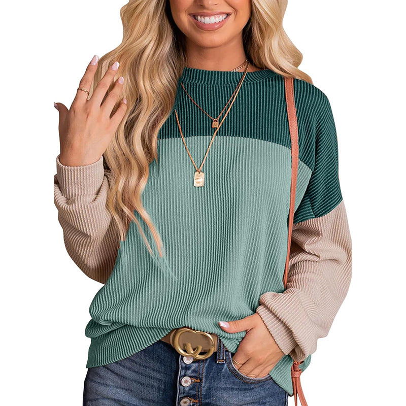 Autumn Winter Casual Striped Multi Color Mosaic Sweatshirt for Women