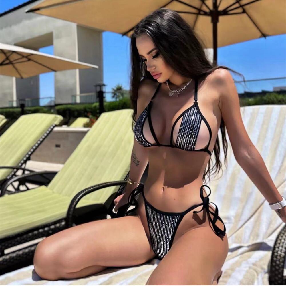 Bikini Sexy Split Sequined Swimsuit Women Lace-up Cutout Beach Swimsuit