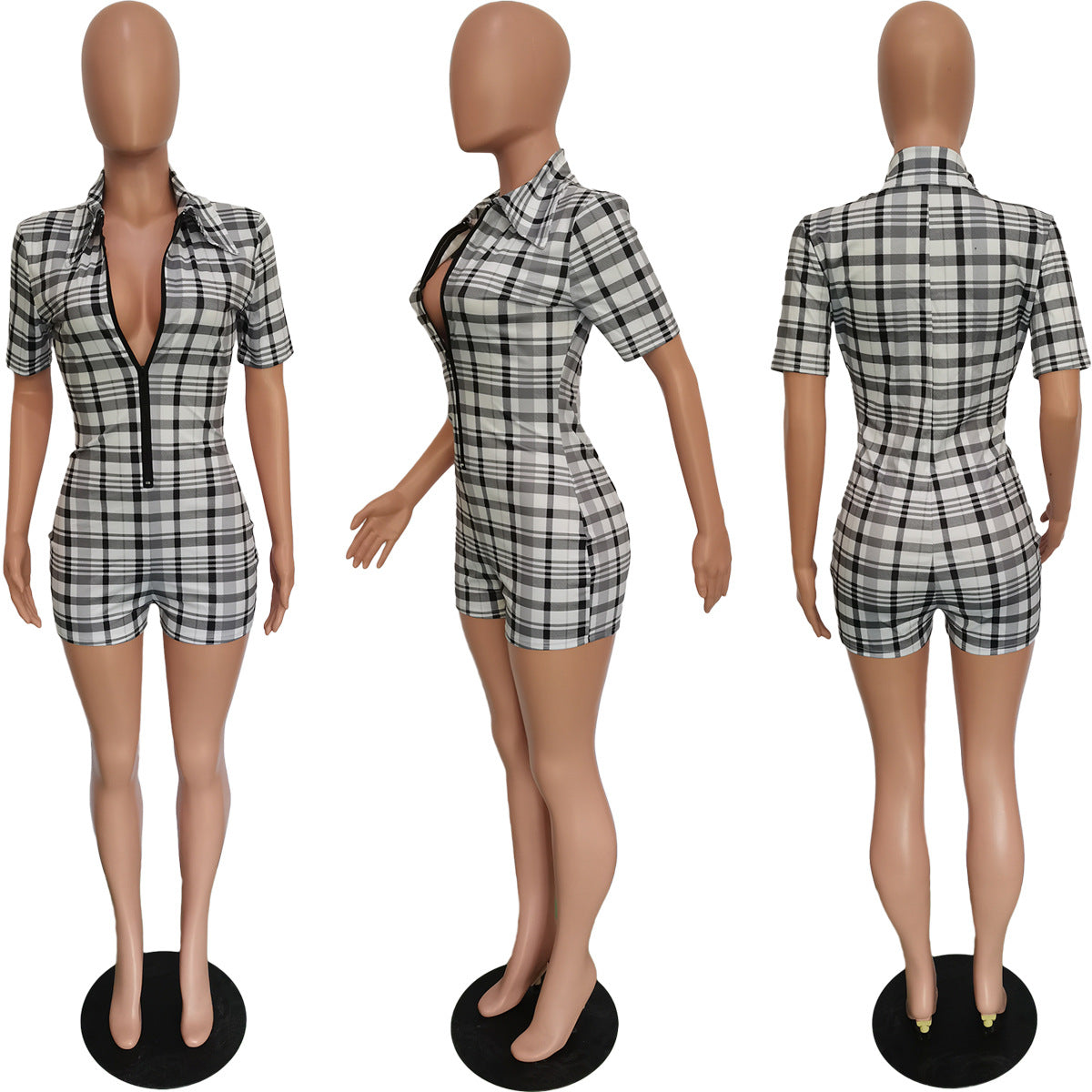 Women Clothing Printed Checks Collared Zipper Short Sleeve Romper