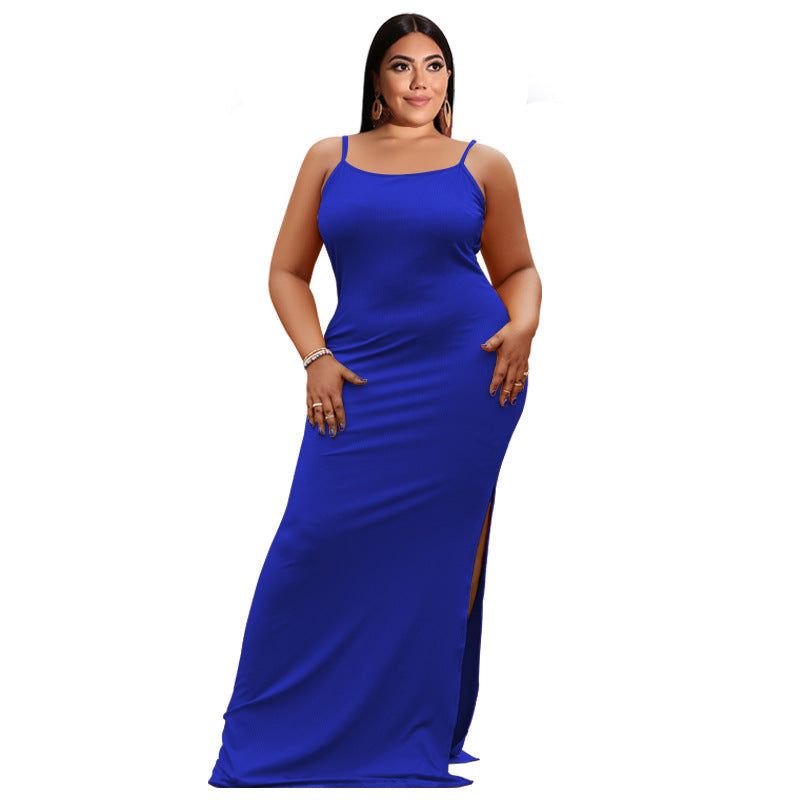 Plus Size Women Clothes Summer Sunken Stripe Sleeveless Split Sexy Tight Dress