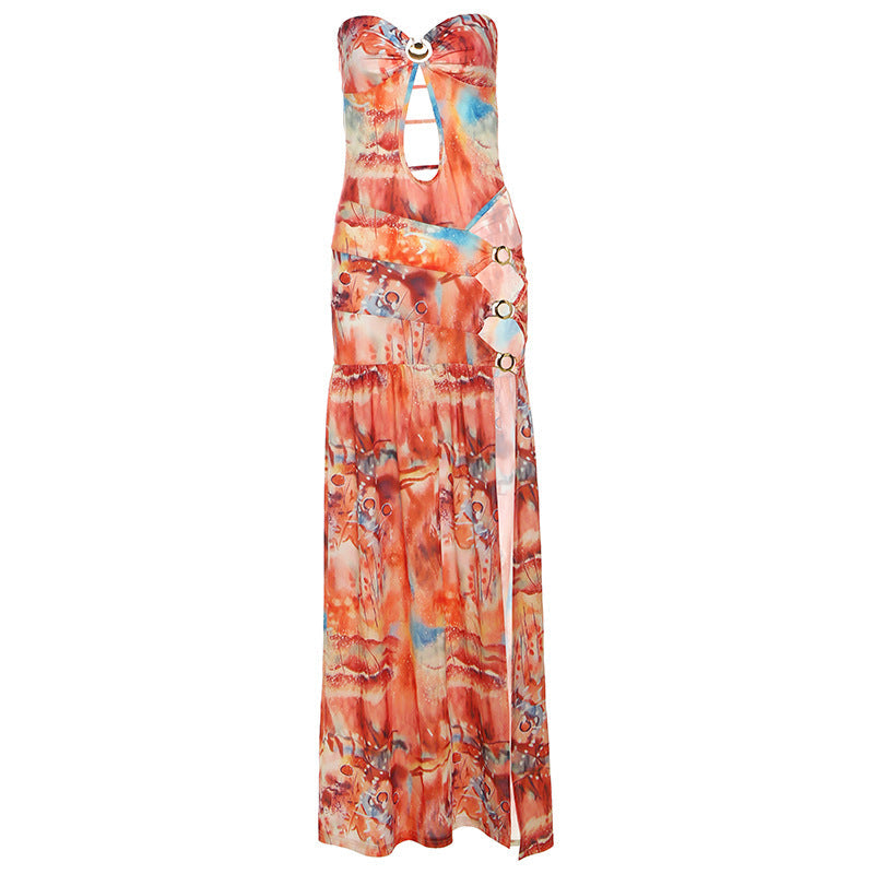 Women Clothing Summer Sexy Backless Slim Fit Hollow Out Cutout out Side Slit Printed Tube Top Dress