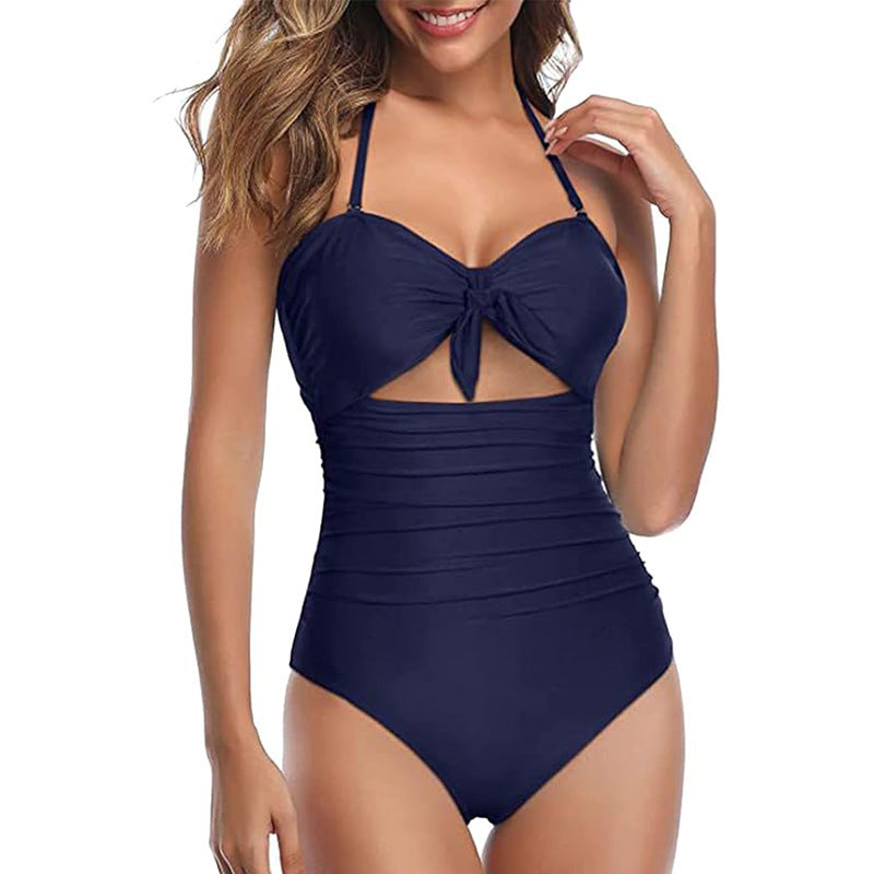 Slim Sexy Push Up Flab Hiding Halter Lace Up One Piece Women Double Shoulder Strap Swimsuit