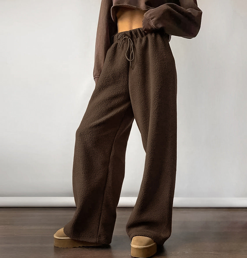Autumn Winter Warm Thick Polar Fleece Casual Trousers Lace up Loose Mid Waist Wide Leg Pants for Women