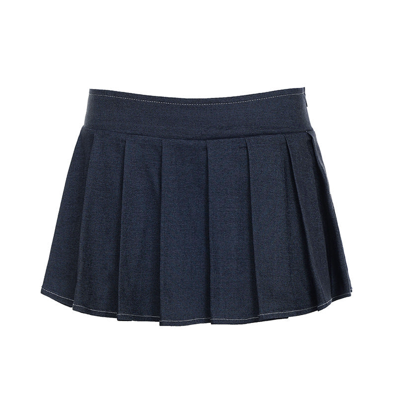 Self Built Solid Color Sexy Lace up Tube Top Sexy Pleated Skirt Imitation Denim Two Piece Sets