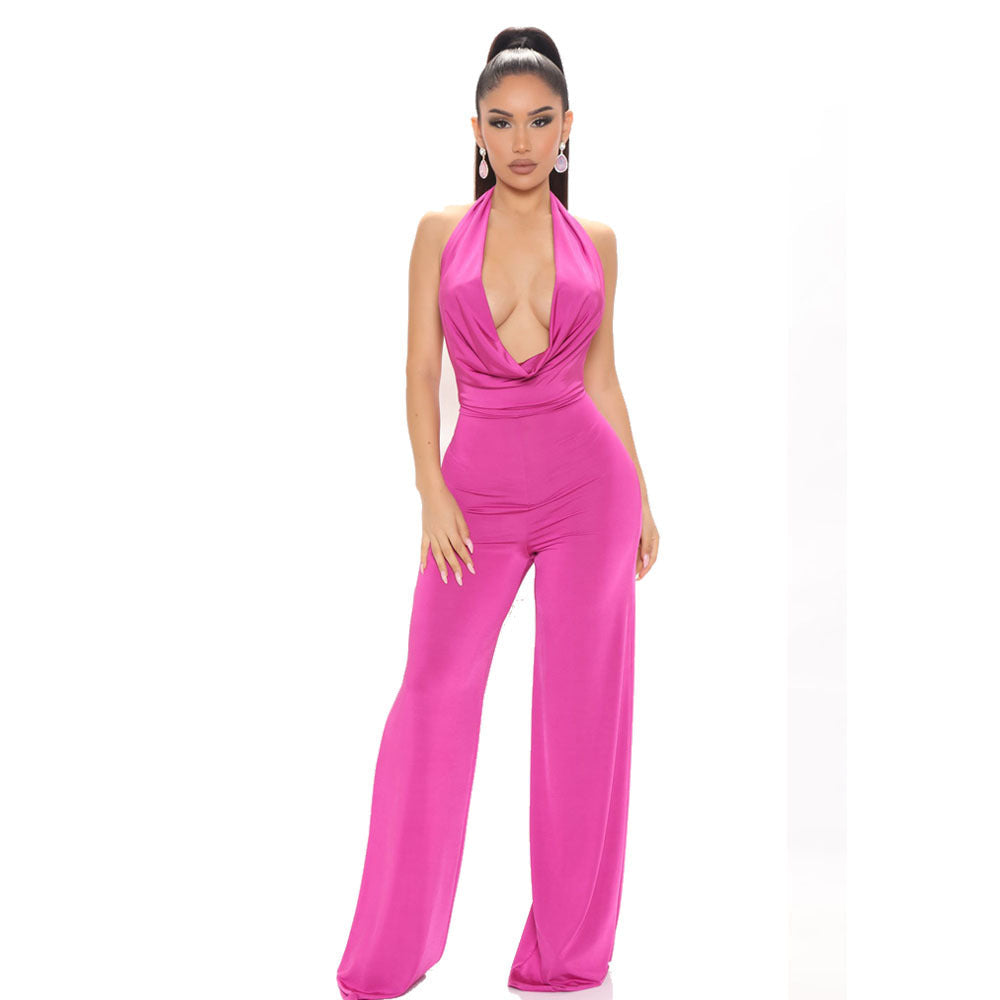Spring Sexy Women Clothing Dress Deep V Plunge Halter Backless Tight Waist Wide Leg Jumpsuit