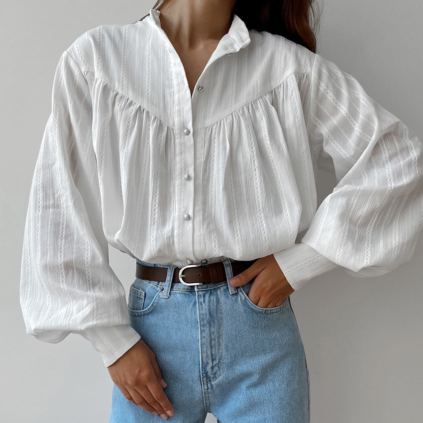 Autumn Simple Elegant French Pure Cotton Jacquard Stand Collar Shirt Women Loose White Base Puff Sleeve Shirt