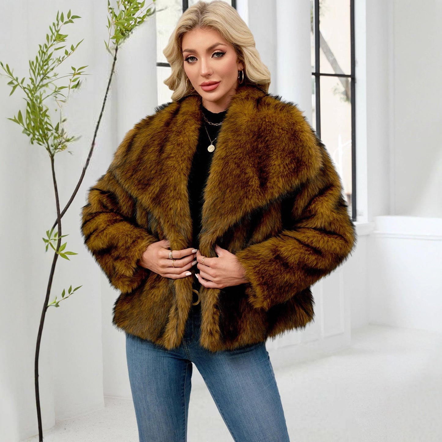 Women Clothing Faux Fur Warm Fluffy Faux Fur Coat Faux Fur