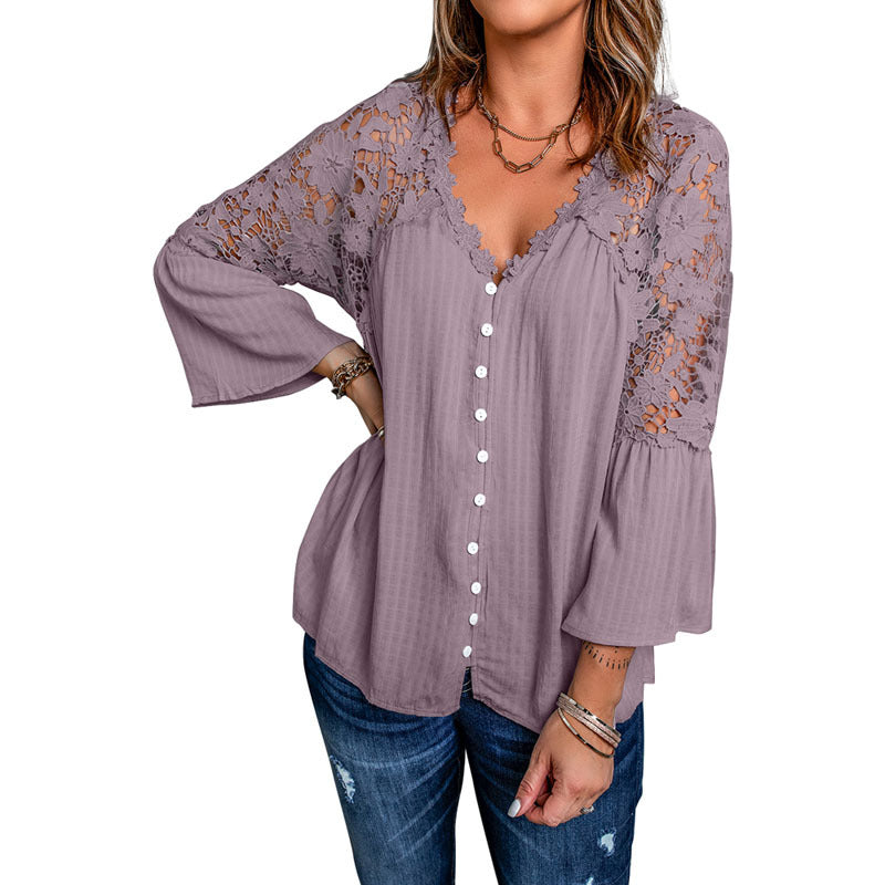 Chiffon Shirt Women Spring Autumn Solid Color V Neck Single Breasted Casual Shirt Long Sleeve Top