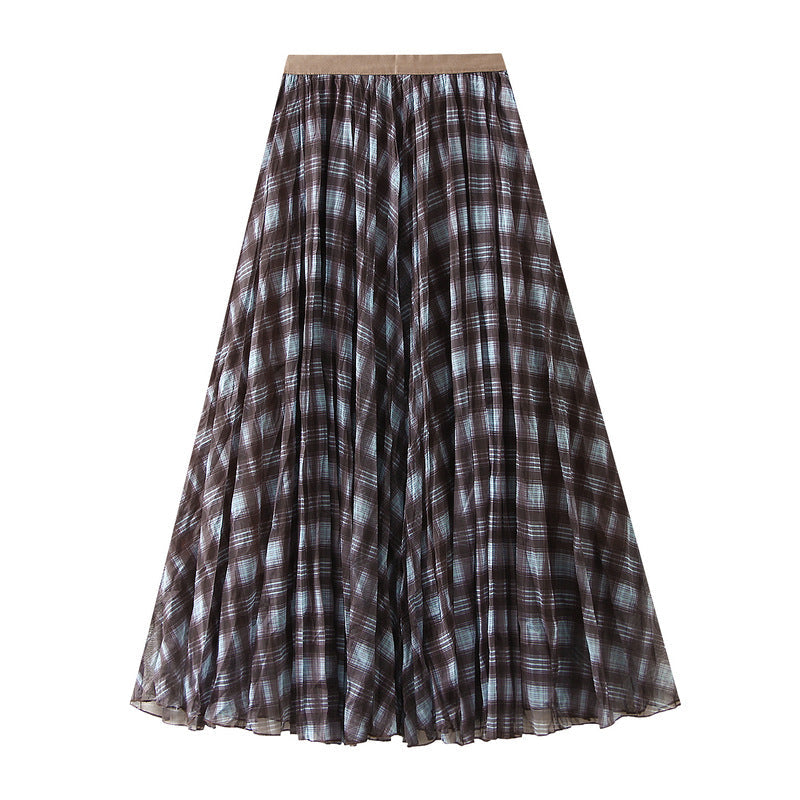 Fall Brown Plaid Skirt Women High Grade A line Large Hem High Waist Slimming Mid Length Skirt