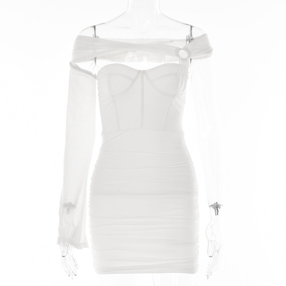 Women Clothing Sexy One Shoulder Sleeve Tight Dress Backless Tube Top Cinched Short Dress Autumn