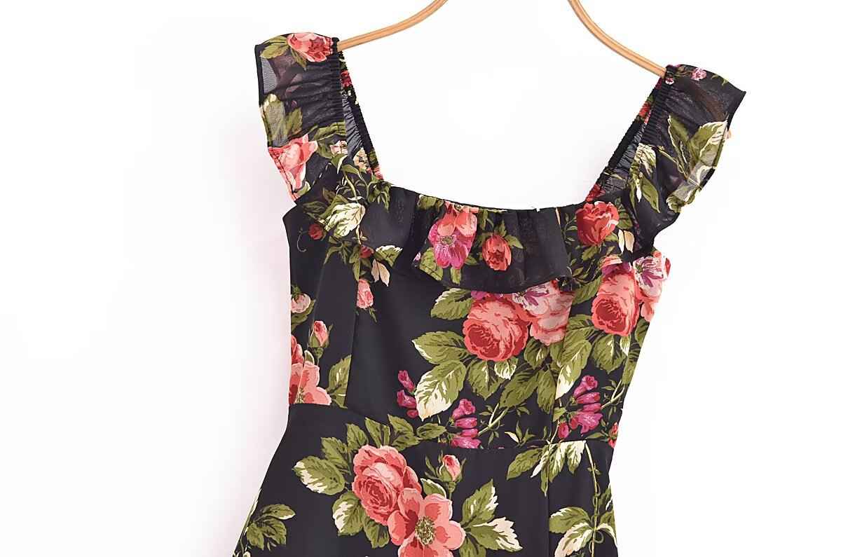 Slim and sexy side split waist mid-length dress, French retro square collar Print Chiffon Dress