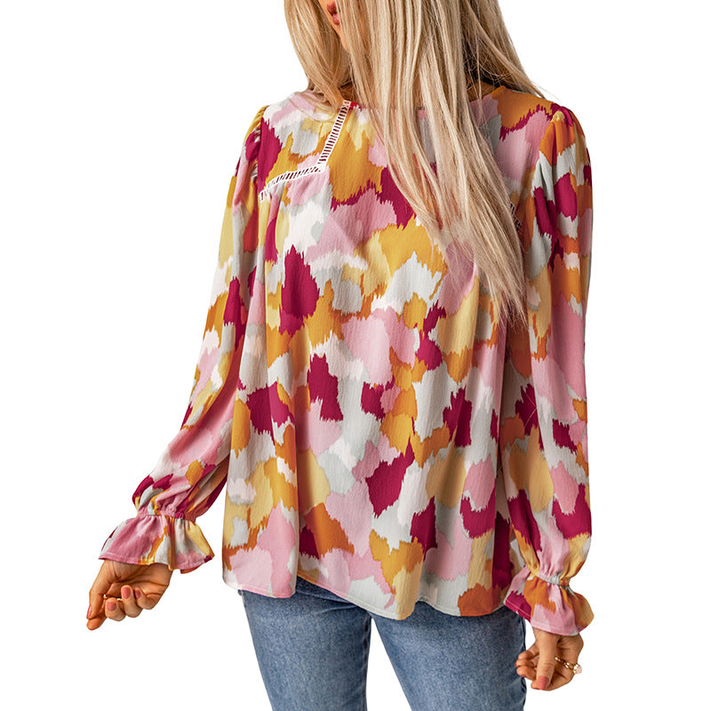 Abstract Printed Fluffy Sleeve Chiffon Shirt Women Round Neck Pullover Long Sleeve Top