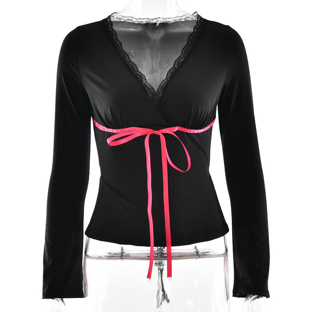 Women Tops V neck Lace Bow Long Sleeve Sexy Slim T shirt