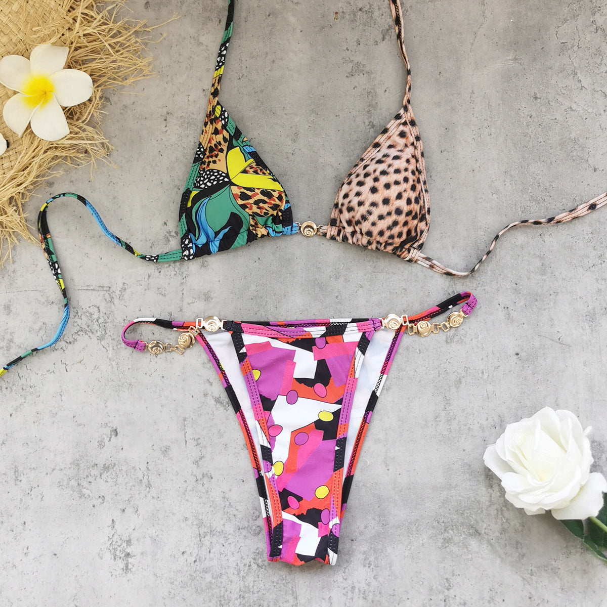 Floral Bikini Three Point Strap Low Waist Sexy Backless Split Swimsuit Women Bikini