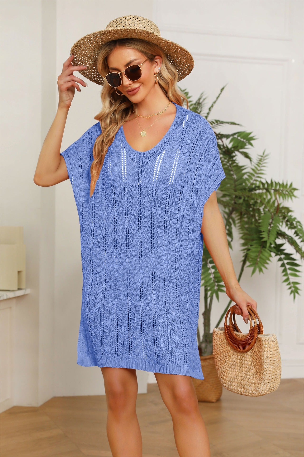 Spring Summer Women Clothing V-neck Solid Color Hollow Out Cutout Beach Dress Loose plus Size Blouse