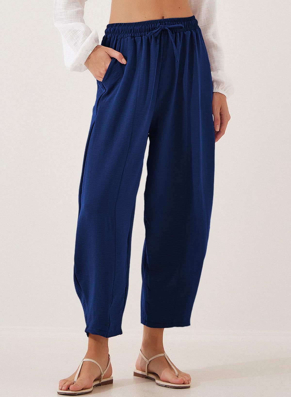 Women Clothing Spring Summer High Waist Loose Vacation Casual Drawstring Pocket Cropped Pants