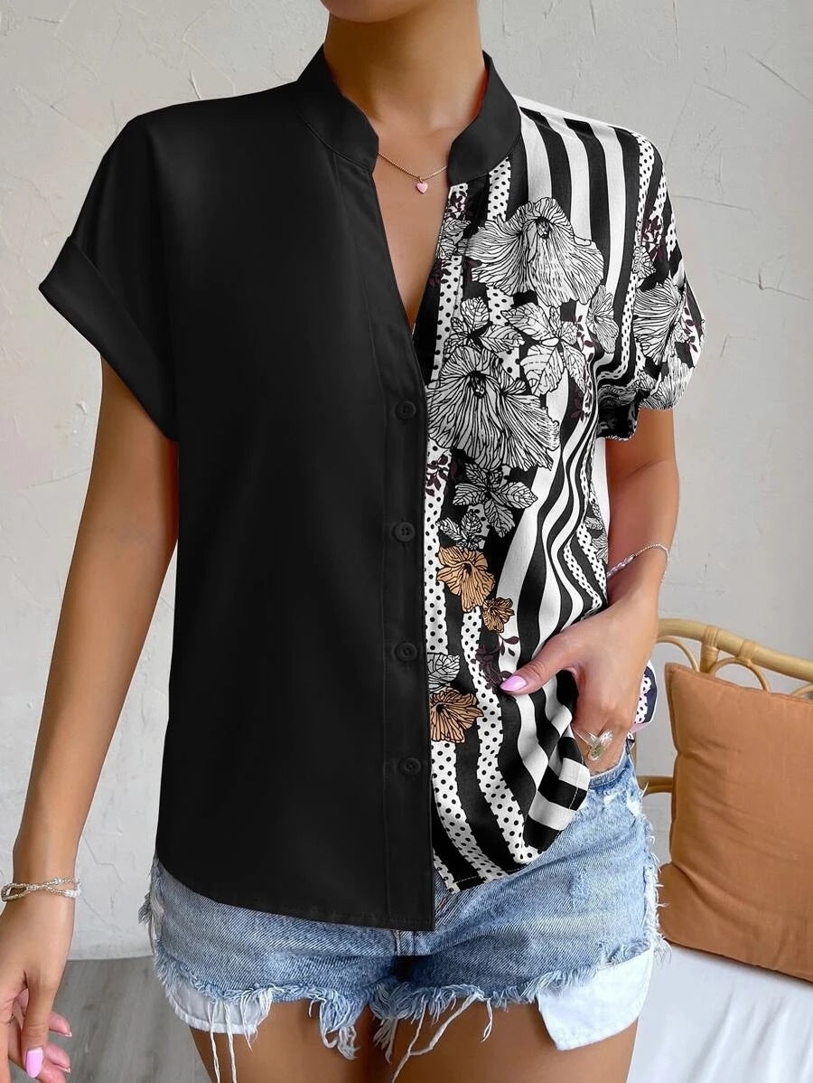 Women Clothing Summer Double Matching Contrast Color Floral Button Cardigan Short Sleeve Shirt Women