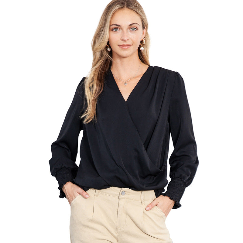 V Neck Pullover Women Solid Color Elegant Loose Long Sleeve Top