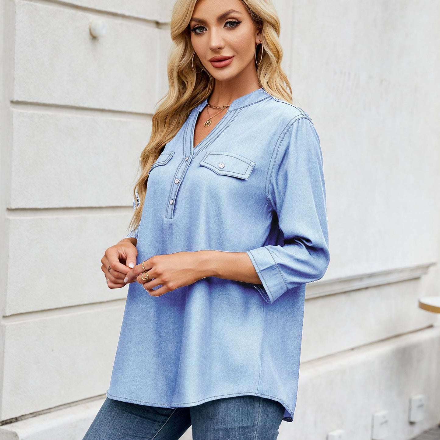 Women Clothing Spring Summer Casual Loose Imitation Denim Long Shirt