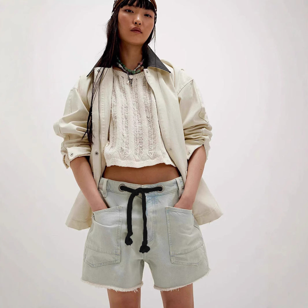 Casual Corns Drawstring Multi Pocket Baggy Denim Shorts Women Shorts