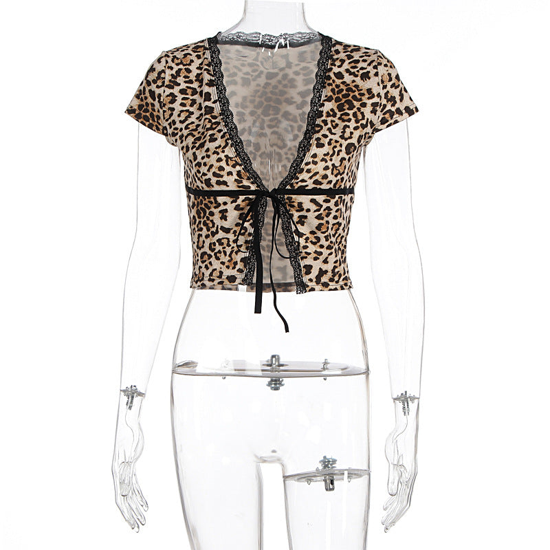 Summer Women Clothing Sexy Sexy Leopard Lace Flounce Trim Lace up Cardigan T shirt