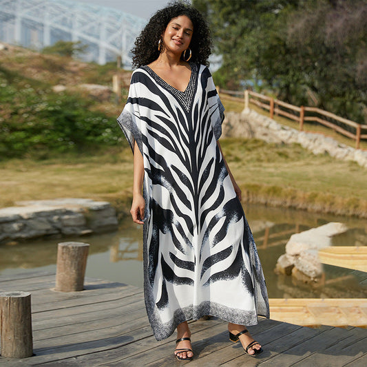 Rayon Positioning Printing Loose Robe Beach Cover-up Maxi Dress Bikini Sun Protection
