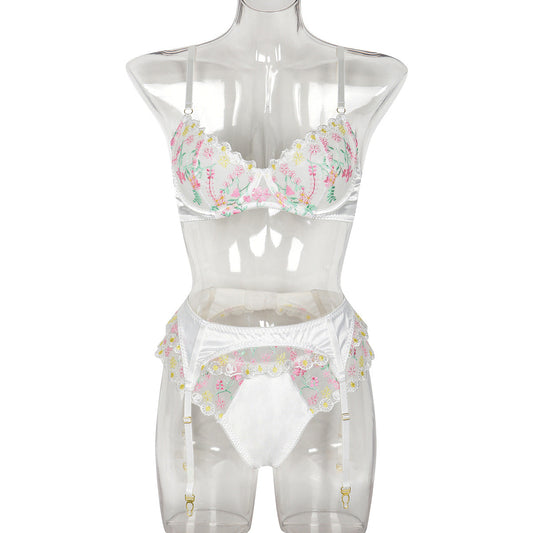 Women Clothing Sexy Lingerie Exquisite Embroidered Floral Stitching Satin Fresh Sweet Three Piece Set