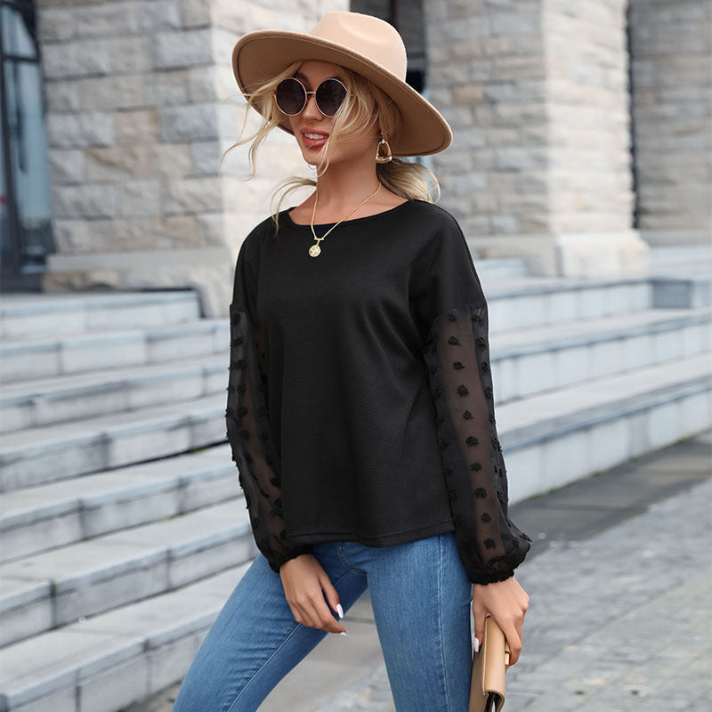 Autumn Winter Solid Color Top Women Black Lace Stitching Knitwear