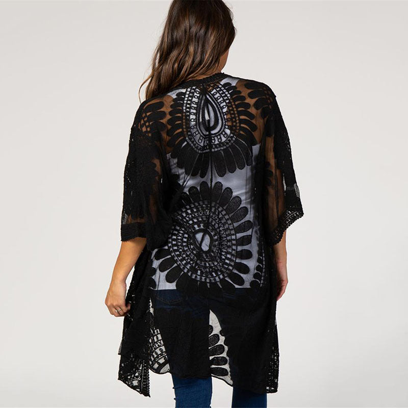 Lace Sunfower Embroidered Beach Cover-up Sexy Cardigan Outer Sunscreen Beach Cover Up