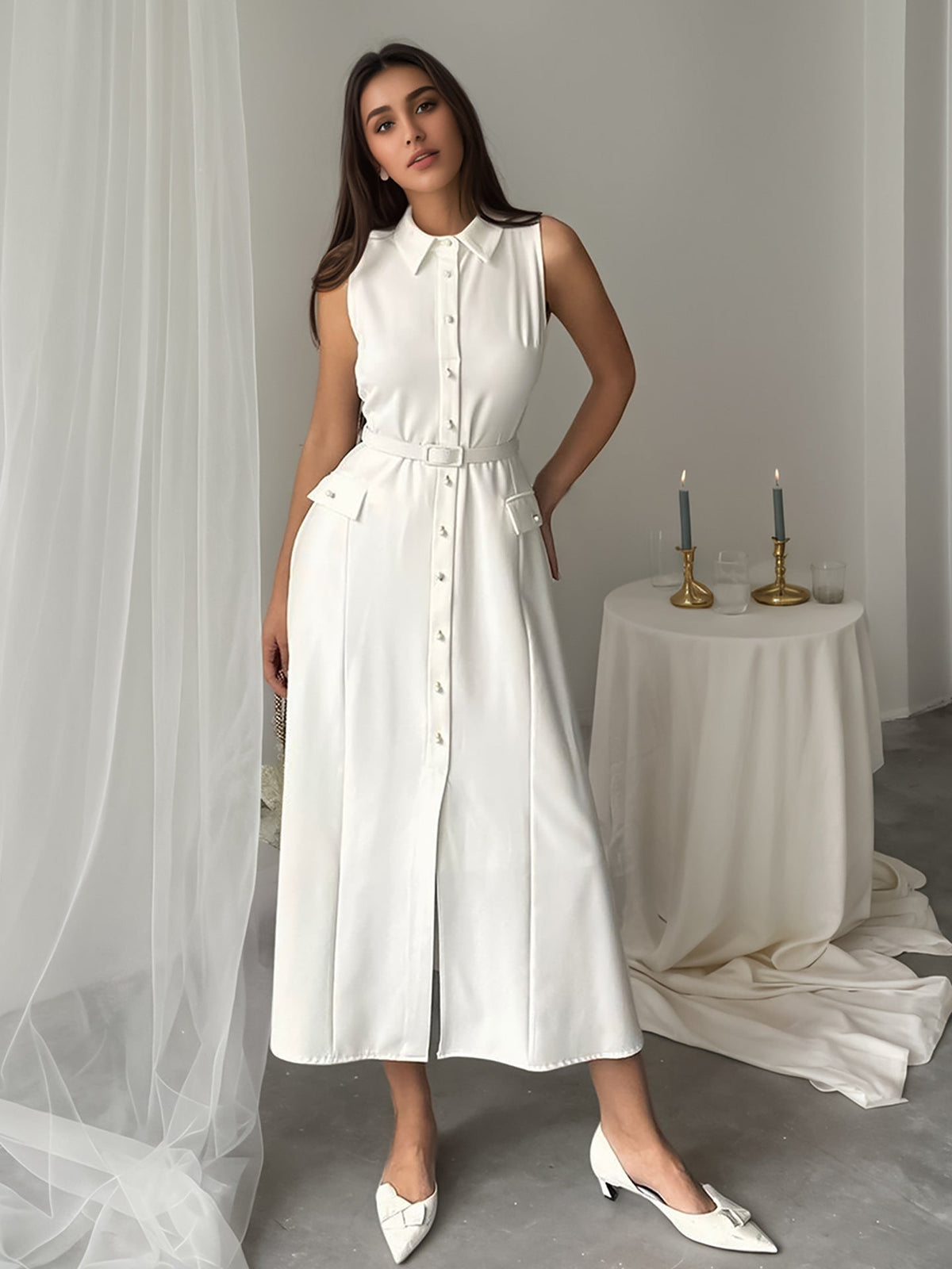 Summer Autumn Arrival Solid Color Sleeveless Belt Pearl Buckle Slim Fit Slit Office Dress