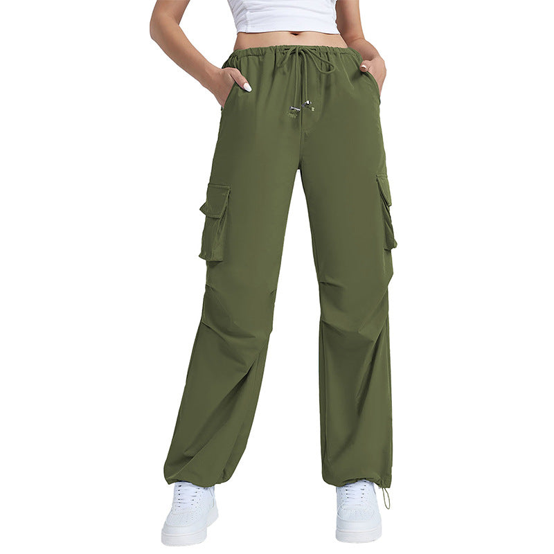 Retro Straight Wide Leg Pants Women Autumn Solid Color Multi Pocket Loose Baggy Trousers Casual Working Pants