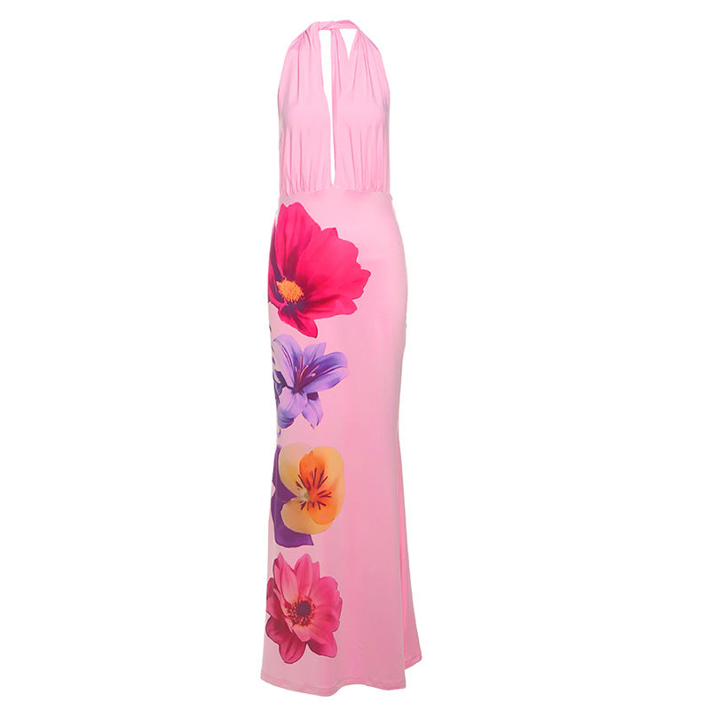 Spring Summer Women Clothing Sexy Halter Backless Floral Print Slim Sheath Dress